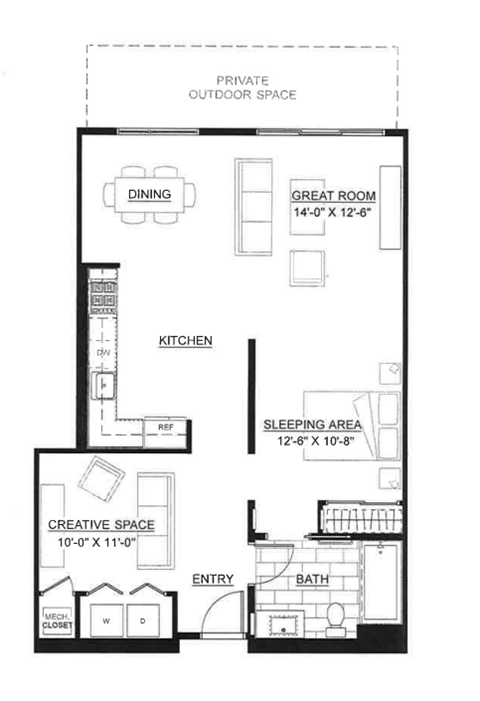 Floor plan for 1 bed, 1 bath, 870 sqft